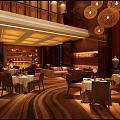 Luxurious Banquet Hall Interior With Wooden Decor Dining Tables And Chandeliers