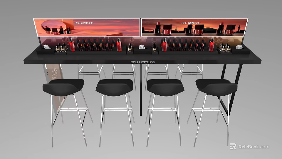 Modern Bar Counter With Black Stools Wine Bottles And Sunset Cityscape Art 3d model 