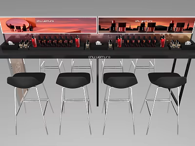 Modern Bar Counter With Black Stools Wine Bottles And Sunset Cityscape Art 3d model