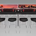 Modern Bar Counter With Black Stools Wine Bottles And Sunset Cityscape Art