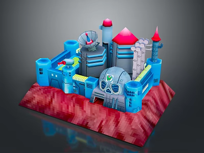 Futuristic Sci Fi Castle Base With Blue Structures Red Towers And Antenna 3d model