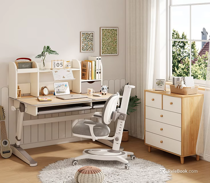 Kids Study Desk with Ergonomic Chair Bookshelf Plant and Wall Art in Bright Sunny Room 3d model 