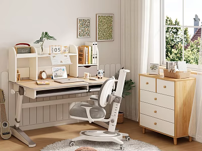 Kids Study Desk with Ergonomic Chair Bookshelf Plant and Wall Art in Bright Sunny Room 3d model