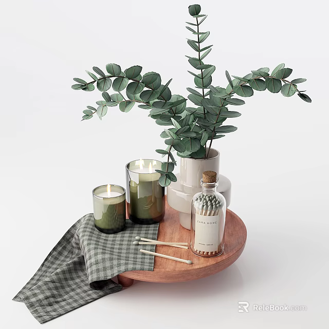 Stylish Bathroom Accessories With Green Plant Candles Cotton Swabs And Checkered Cloth On Wooden Tray 3d model 
