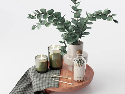 Stylish Bathroom Accessories With Green Plant Candles Cotton Swabs And Checkered Cloth On Wooden Tray 3d model