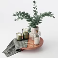 Stylish Bathroom Accessories With Green Plant Candles Cotton Swabs And Checkered Cloth On Wooden Tray