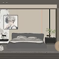 Modern Bedroom Interior Design With Black Bed White Walls Wooden Elements And Wall Painting