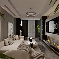 Modern Luxurious Living And Dining Room Interior Design With Cozy Sofa Elegant Fireplace And Lighting