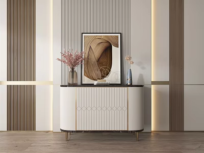 Modern White Entryway Console Side Cabinet With Geometric Pattern Metal Legs Decorative Vases Striped Wall 3d model