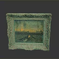 Intricate Carved Wooden Photo Frame with Sunset Landscape Painting Home Decor
