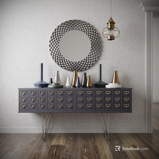 Gray Console Table with Drawers Geometric Decorative Mirror Pendant Light and Decor on Light Wall 3d model 