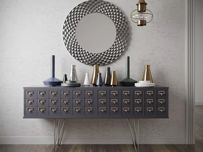 Gray Console Table with Drawers Geometric Decorative Mirror Pendant Light and Decor on Light Wall 3d model