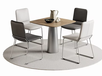 Modern Dining Table Set with Four Chairs Wooden Top Metal Base and Round Rug 3d model
