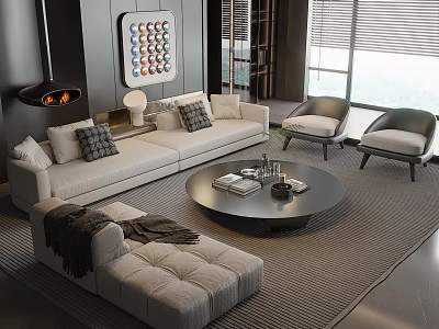 Elegant Modern Sofa And Coffee Table Set With Round Table Accent Chairs And Artwork 3d model