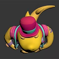Cartoon Game Character With Yellow Head Horns Headphones Pink Suit Green Bowtie And Yellow Tail