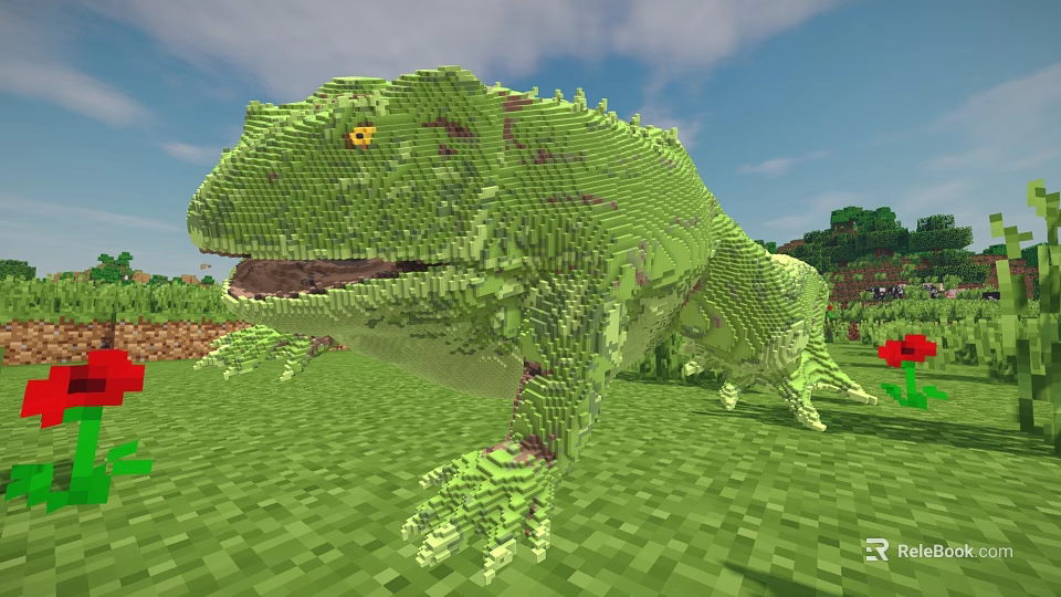 Minecraft Green Dinosaur Game Character Pixel Style Design With Detailed Texture 3d model 