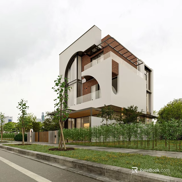 Modern Detached Villa Exterior Design With Arched Archway Balcony And Greenery Surroundings 3d model 
