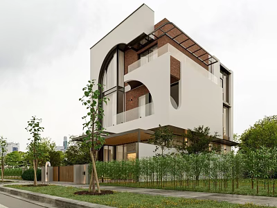 Modern Detached Villa Exterior Design With Arched Archway Balcony And Greenery Surroundings 3d model