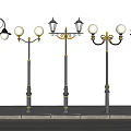 Various Designs of Outdoor Street Lamps with Black Poles Spherical Shades and Gold Accents