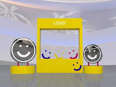 Yellow Display Stand with Logo and Silver Circular Smiley Faces in Various Colors 3d model