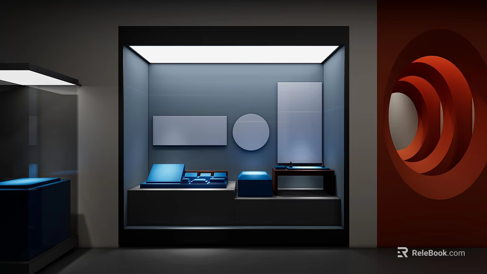 Sleek Display Shelves Featuring LED Lights And Blue Items On Modern Platforms In Retail Store 3d model 