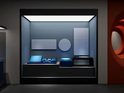 Sleek Display Shelves Featuring LED Lights And Blue Items On Modern Platforms In Retail Store 3d model