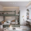 Cozy Children's Room With Green Bunk Bed Stuffed Toys Study Desk And Toy Cars