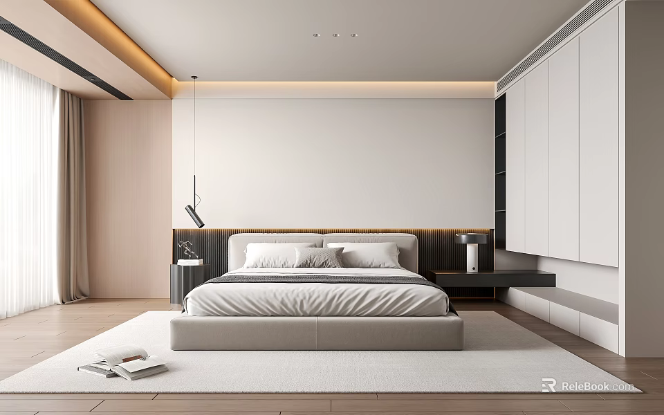 Modern Minimalist Bedroom Interior Featuring Large Bed LED Strip Nightstands Spacious Wardrobes And Light Palette 3d model 