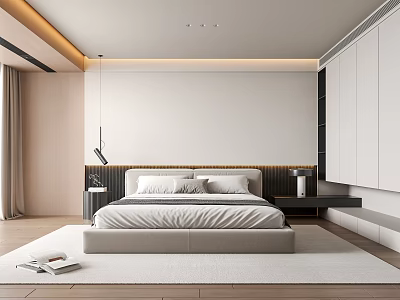 Modern Minimalist Bedroom Interior Featuring Large Bed LED Strip Nightstands Spacious Wardrobes And Light Palette 3d model