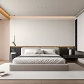 Modern Minimalist Bedroom Interior Featuring Large Bed LED Strip Nightstands Spacious Wardrobes And Light Palette