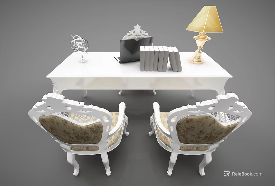Elegant White Desk With Table Lamp Books And Carved Design Chairs 3d model 