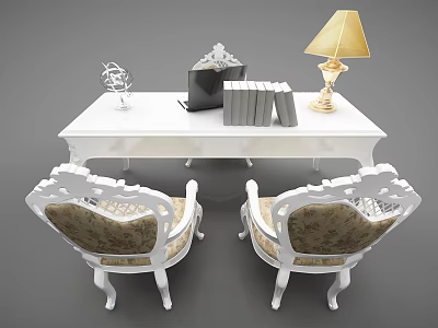 Elegant White Desk With Table Lamp Books And Carved Design Chairs 3d model