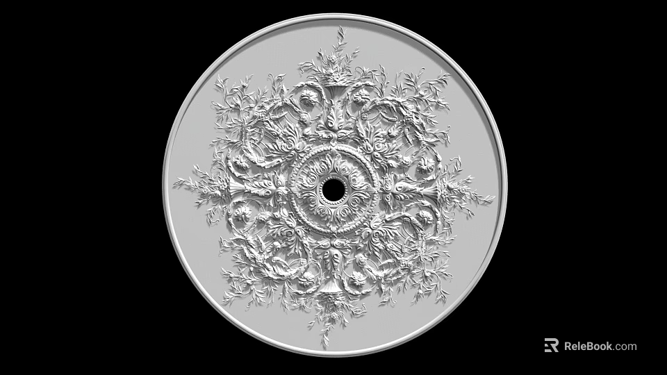 Silver Circular Decorative Plate With Intricate Floral Patterns And Central Hole 3d model 