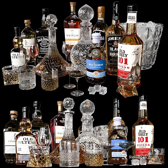 Assorted Liquor Bottles And Drinking Glasses With Ice Cubes On 3d model 