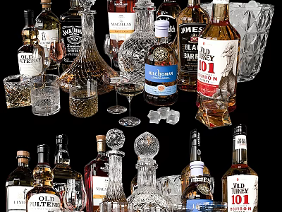 Assorted Liquor Bottles And Drinking Glasses With Ice Cubes On 3d model