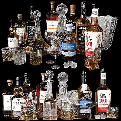 Assorted Liquor Bottles And Drinking Glasses With Ice Cubes On 3d model