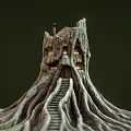 Tree House Architecture In Tree Trunk Structure With Spreading Roots Staircase And Lit Windows