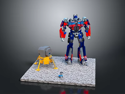 Transformers Optimus Prime Figure With Lunar Module Model And Small Figure On Gravel Base 3d model