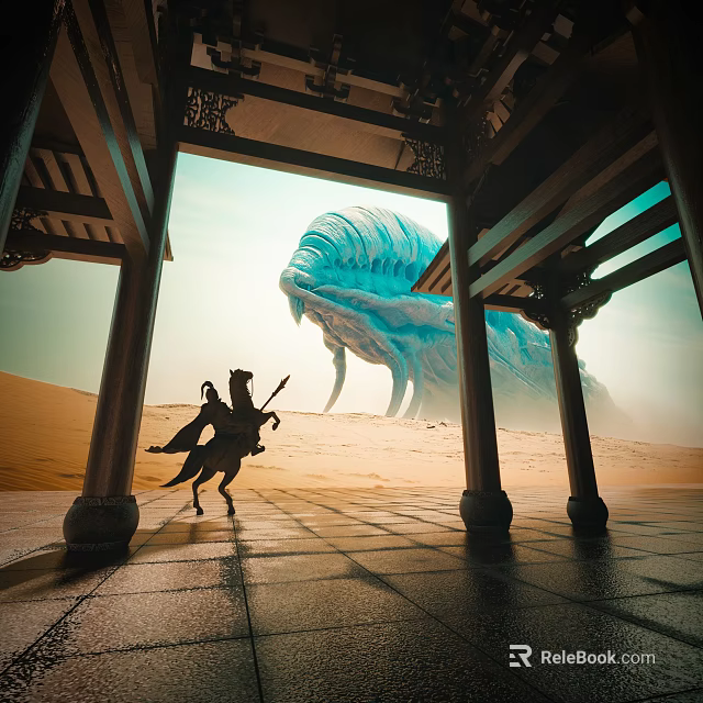 Ancient Architectural Columns and Roof Structure Featuring Horseback Figure in Desert with Giant Blue Creature 3d model 