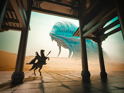 Ancient Architectural Columns and Roof Structure Featuring Horseback Figure in Desert with Giant Blue Creature 3d model