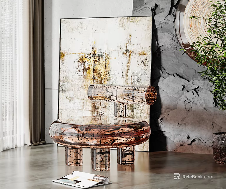 Modern Leisure Chair With Unique Copper Structure Against Gray Textured Wall Artwork And Indoor Plant 3d model 