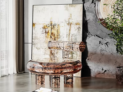 Modern Leisure Chair With Unique Copper Structure Against Gray Textured Wall Artwork And Indoor Plant 3d model