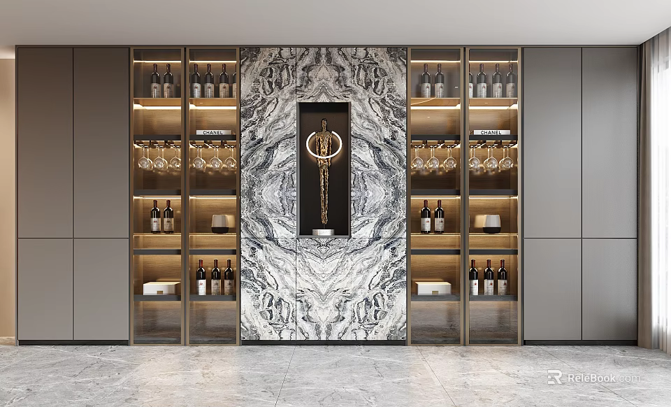 Modern Wine Cabinet Interior With Marble Backdrop Gold Decorative Ornament Wine Bottles And Glasses 3d model 