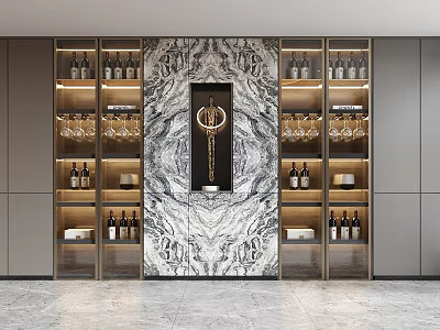 Modern Wine Cabinet Interior With Marble Backdrop Gold Decorative Ornament Wine Bottles And Glasses 3d model