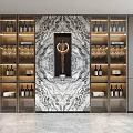 Modern Wine Cabinet Interior With Marble Backdrop Gold Decorative Ornament Wine Bottles And Glasses