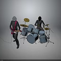 Two Futuristic Suited Characters Playing Red Electric Guitar And Blue Drum Set Against Gray Background