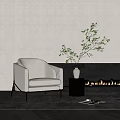 Light Gray Single Sofa With Black Vase Green Branches Fireplace Flames Gray Rug And Magazine