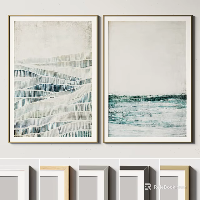 Modern Decorative Paintings With Wavy Lines Blue White Color And Light Frames 3d model