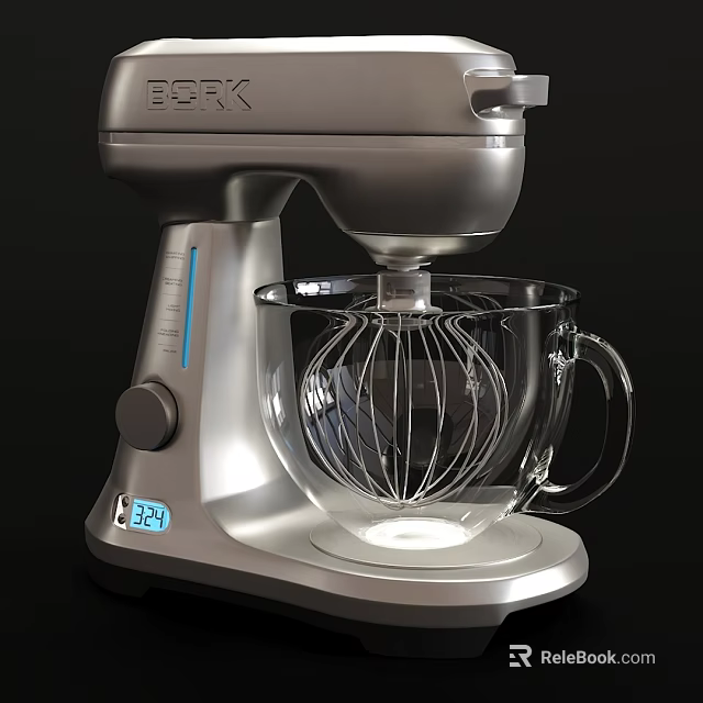 Modern Silver Stand Mixer With Transparent Glass Mixing Bowl And Whisk 3d model 