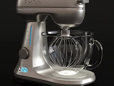 Modern Silver Stand Mixer With Transparent Glass Mixing Bowl And Whisk 3d model